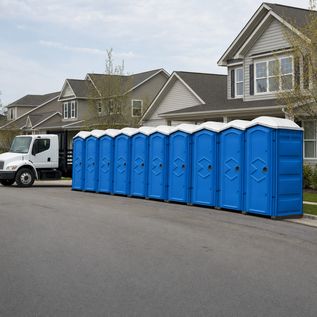 Royal blue portable toilets staged in a tidy row at a Richmond jobsite, ready for delivery